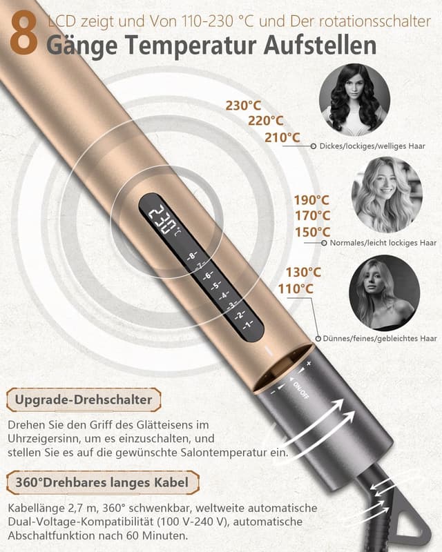 Detalle 2 de KUSNCA Ionen Glätteisen 2-in-1 (110–230 °C) zum Glätten und Locken mit LCD