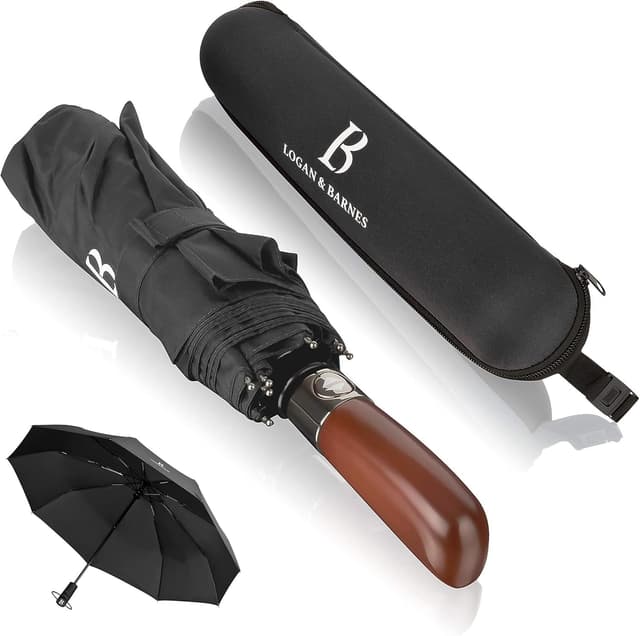 Detalle de LOGAN & BARNES Regenschirm Dublin – sturmfest bis 140 km/h, Auf-Zu-Automatik, Taschenschirm mit Holzgriff