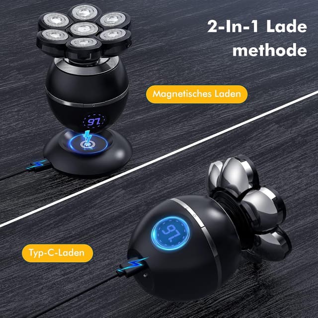 Detalle de ETENTOUS Glatzen Rasierer Herren elektrisch (7D Rotationsklingen) – IPX7 Nass & Trocken Rasierer mit 6-in-1 Set
