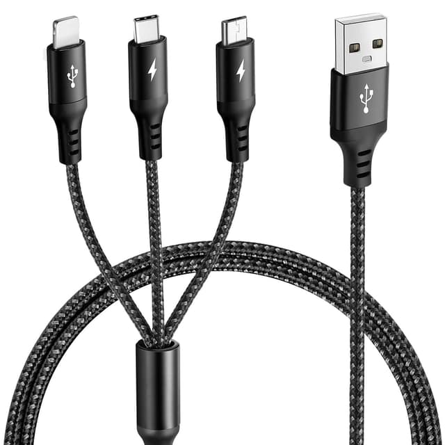 Detalle de UZAHSK Multi-USB-Kabel 3-in-1 (iP/Micro-USB/Type-C) 1,8 m – Nylon, schwarz