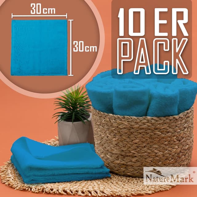 Detalle de NatureMark 10er-Set Frottee-Waschlappen für Gesicht & Hände (30×30 cm) aus 100% Baumwolle – türkis