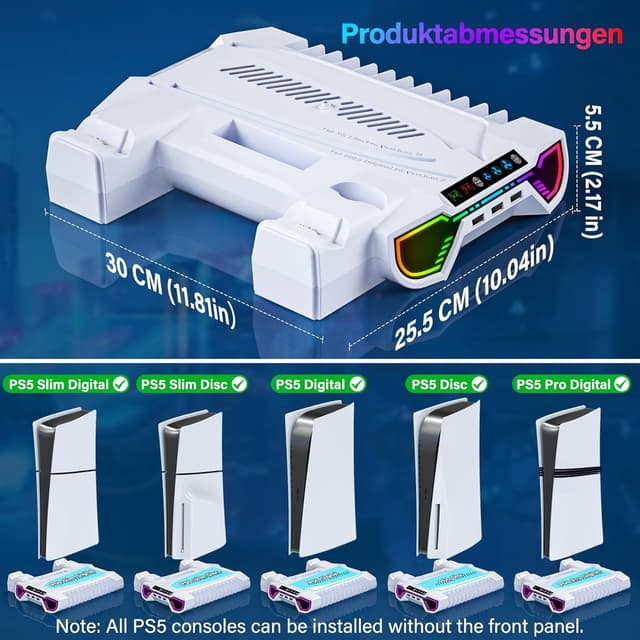 Detalle 2 de ZRZLMVP PS5 Standfuß mit Controller-Ladestation, Lüfter & 3-fach USB-Hub (RGB) für PS5 / PS5 Slim / PS5 Pro – Weiß