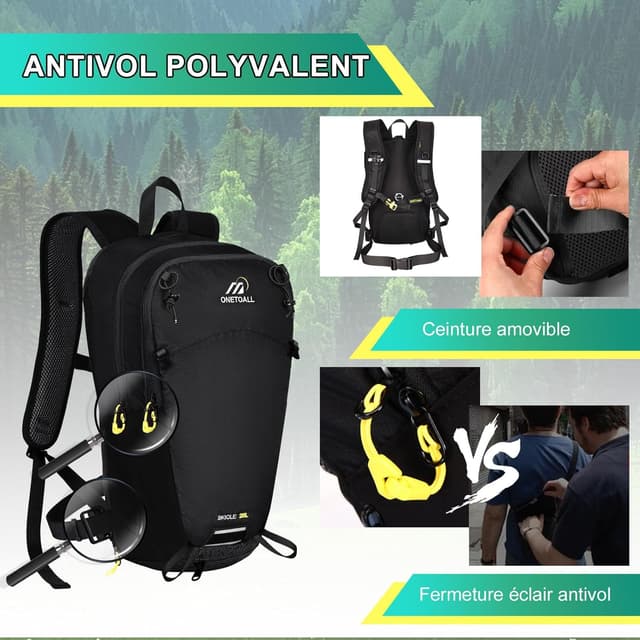 Detalle de ONETOALL Sac à dos vélo 15L polyvalent (housse de pluie, couvre-casque, fermeture éclair antivol)
