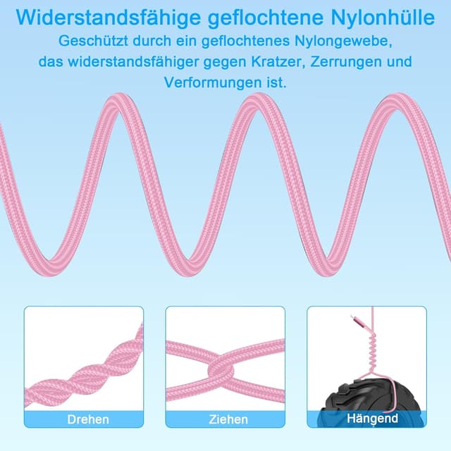Detalle de USB-C Kabel 1,2 m Rosa – Multi 2-in-1 (bis 100 W) USB-C zu Dual-USB-C, geflochten