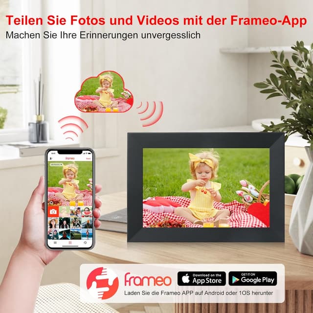 Detalle de Frameo WiFi digitaler Bilderrahmen 10,1 Zoll (1920×1200) mit IPS-HD-Touchscreen und 16 GB Speicher – Schwarz