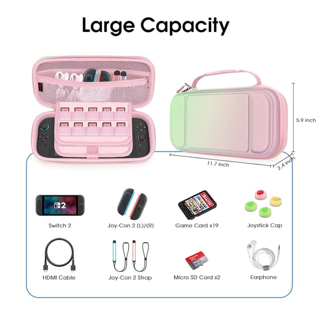 Thumbnail 6 de FINTIE Tasche für Nintendo Switch 2 (2025) – EVA-Hülle mit Kartenhaltern, Netztasche und Rundum-Reißverschluss (Rosa Grün)