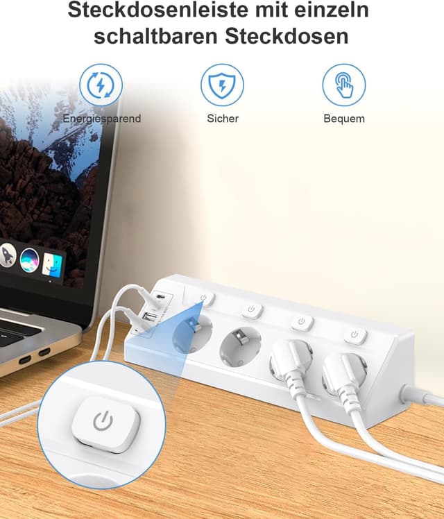 Detalle 2 de vipwell Ecksteckdose mit 4 USB (2× USB‑C, 2× USB‑A) und unabhängigen Schaltern – 90° Winkel, 4 Fach-Steckdosen