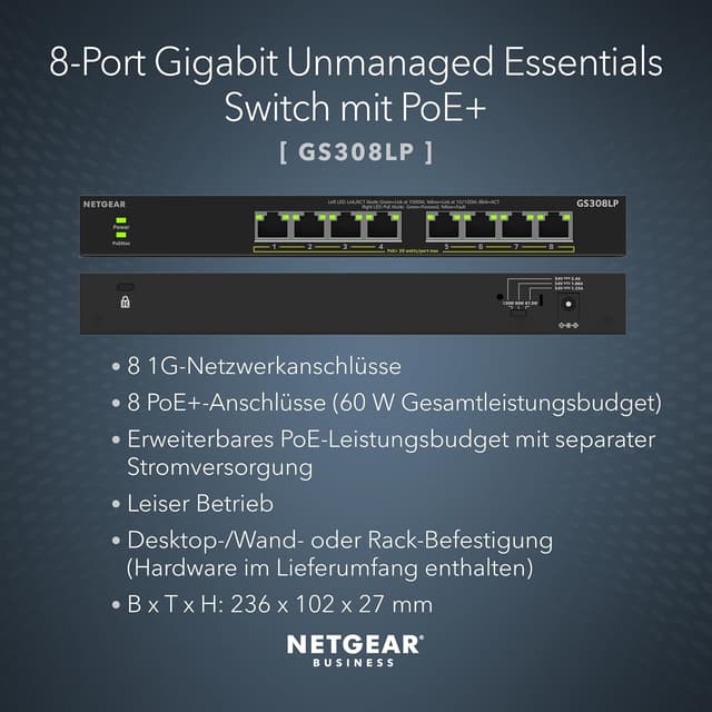 Detalle 2 de NETGEAR 8-Port PoE Gigabit Ethernet Unmanaged Essentials Switch (GS308LP) mit 8× PoE+ (60 W) – Plug-and-Play