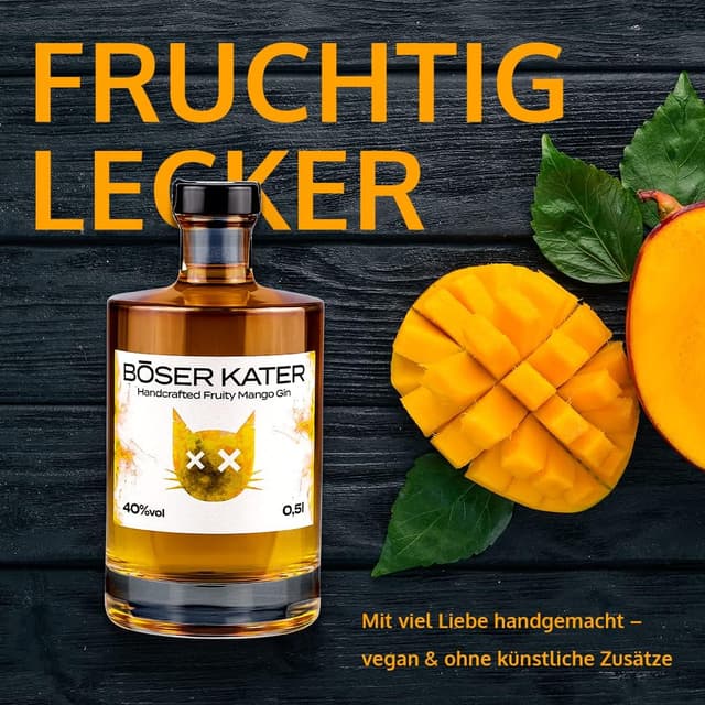 Detalle de BÖSER KATER Fruity Mango Gin Geschenkset (0,5 l, 40% Vol.) mit 2 Gläsern
