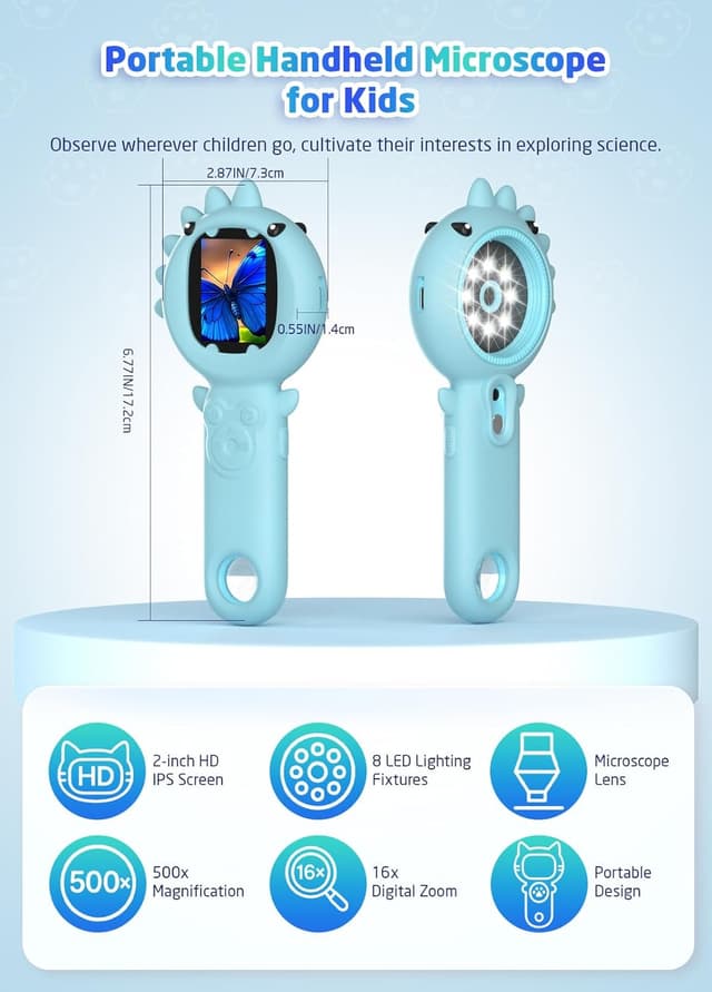 Detalle de PHNIXGAM Kinder-Mikroskop (Mini Handheld) mit 2-Zoll-IPS-Display, 1080P & 500-facher Vergrößerung für Kinder ab 3 Jahren (Blau)