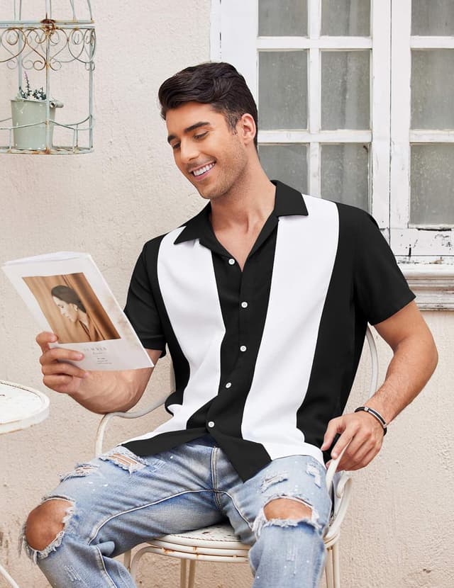 Detalle 2 de COOFANDY Men’s Vintage Bowling Shirt (Short Sleeve Button-Down) – Cuba/Hawaiian Beach Style