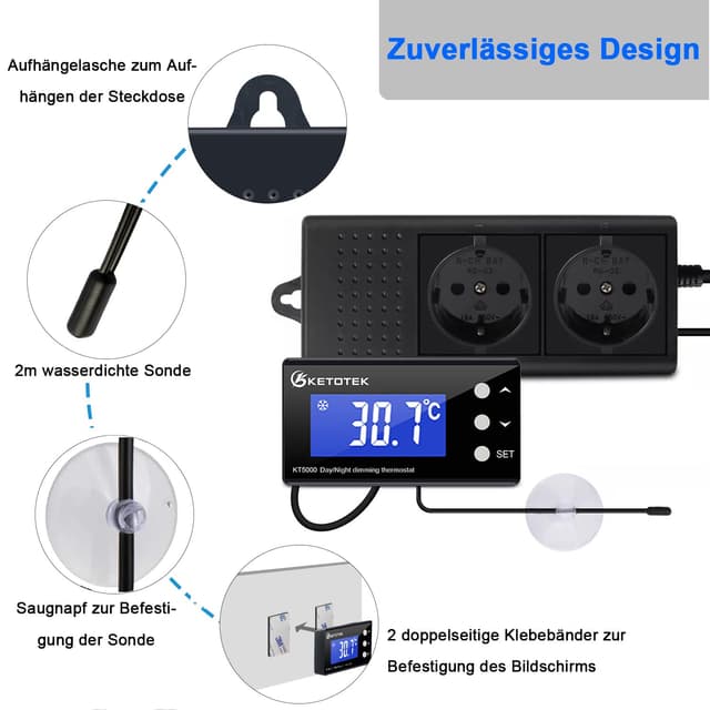 Detalle 2 de KETOTEK digitaler Thermostat-Steckdose KT4000 (230V) mit wasserdichtem Fühler für Aquarium, Gewächshaus & Heizung/Kühlung