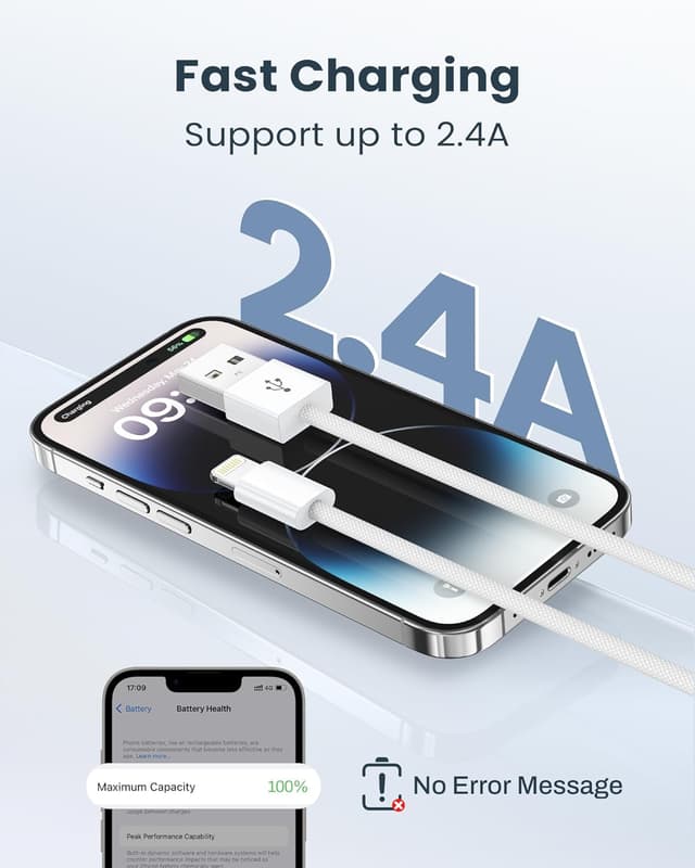 Detalle de Ningkpow Apple MFi Certified iPhone Lightning Charger Cable (2-Pack, 1m) – Nylon Braided Fast Charge Lead