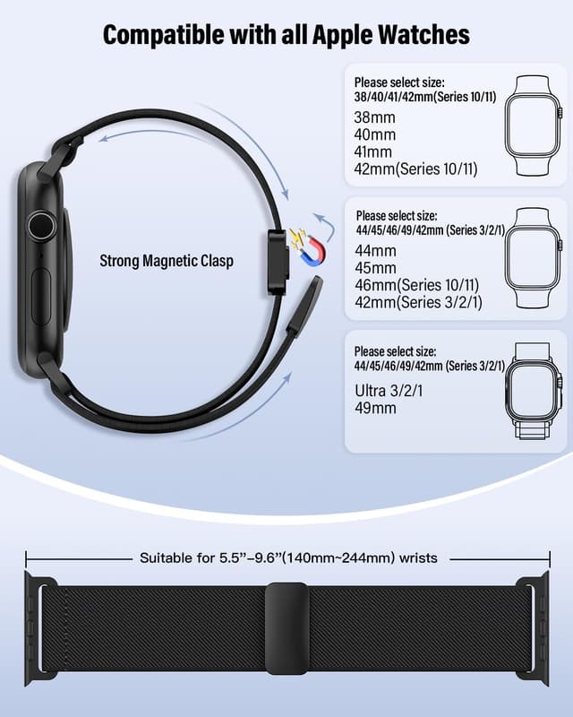 Detalle 1 de Black magnetic elastic nylon Apple Watch strap