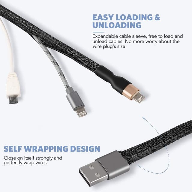 Detalle de AGPTEK 6 m Kabelschlauch (5–10 mm) mit selbstschließendem Kabelschutz und 6 Schrumpfschläuchen für Ladekabel