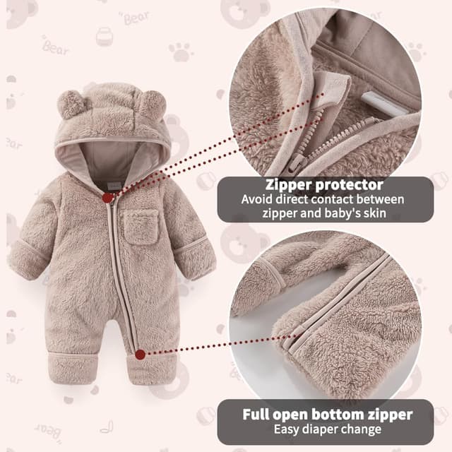 Detalle de Fairy Baby baby snowsuit – newborn bear hooded fleece romper with fold-down mittens and footmuffs