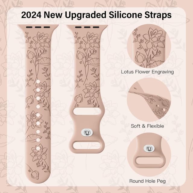 Detalle 2 de Yoohoo Floral Engraved Strap Silicone Band for Apple Watch (38mm–49mm), Milk Tea