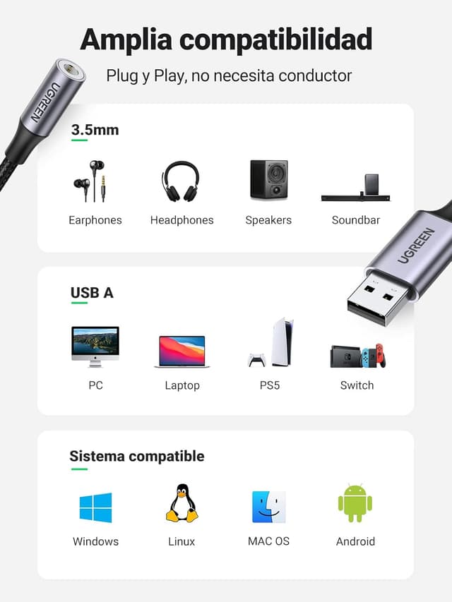 Thumbnail 2 de UGREEN Adaptador Audio USB a Jack 3,5mm 🎧 - Sonido Excelente