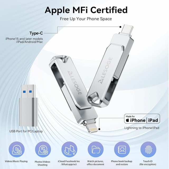 Detalle 2 de LESOGE MFi 512GB USB C Lightning stick