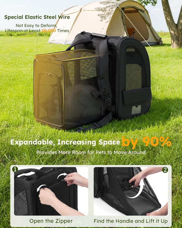 Detalle de Pecute Hunderucksack Erweiterbar XL für 6–10 kg, faltbarer Katzenrucksack mit Anti-offener Reißverschluss und Netzfenster (Grau)