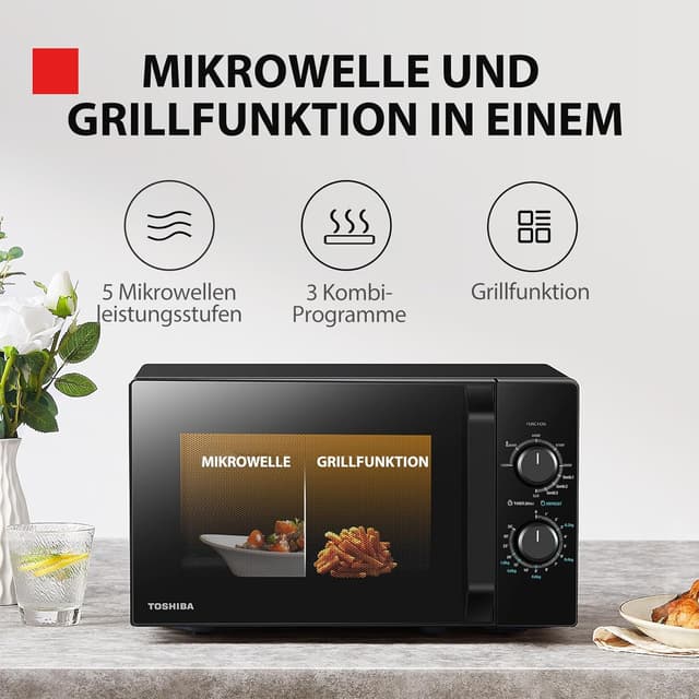Detalle de Toshiba MW2-MG20PF(BK)/GE Mikrowellenherd mit Kombi-Grillfunktion, 800 W Mikrowelle & 1000 W Grill, 20 l, schwarz