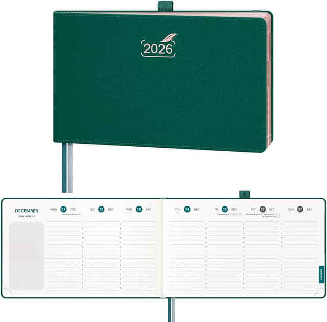 Detalle de BEZEND Agenda 2026 semainier vertical 14 x 23 cm (1 semaine sur 2 pages) couverture PU vert forêt