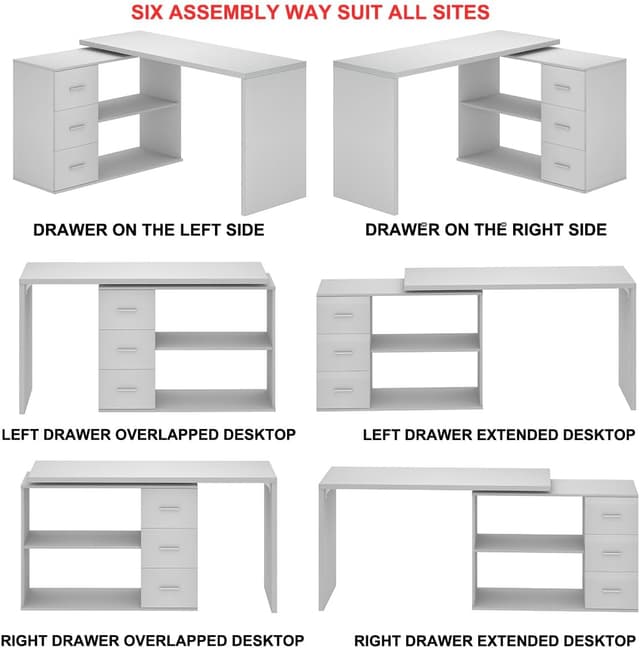 Detalle de HSH L-förmiger Schreibtisch mit Wendbarer Ecke, 3 Schubladen & 2 Regalen, Weiß, 140 cm