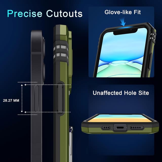 Detalle 2 de DEERLAMN iPhone 11 Case with Sliding Camera Cover, Magnetic Ring Kickstand & Screen Protectors (Olive Green, 2-pack)