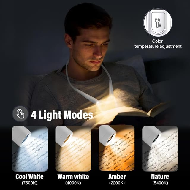 Detalle 2 de TINYOUTH White Neck Lamp for Reading (1000mAh USB rechargeable, 4 modes, stepless dimming)