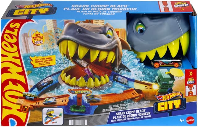 Detalle de Hot Wheels City Shark Chomp Beach playset (JHL96) track set with 1:64 die-cast car
