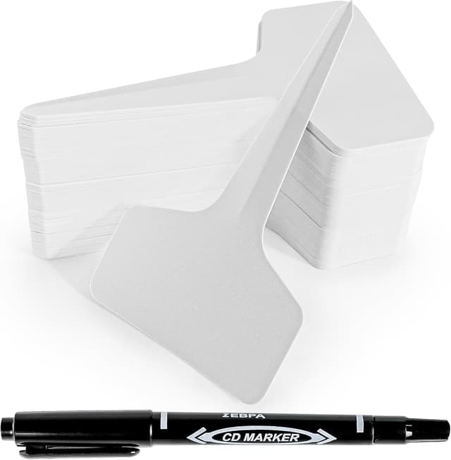Detalle de Plant Labels 100pcs 4 Inch T-Type Plant Name Tags with Permanent Marking Pen (Light White)
