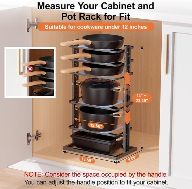 Detalle de LAMU Pots and Pans Organizer for Under Cabinet (6-Tier, Adjustable 14 to 24.57")
