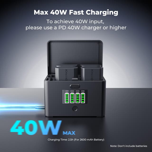 Detalle de K&F CONCEPT 4-Slot Battery Charger Case with Max 45W PD Fast Charging (NP-FZ100/LP-E6 compatible)