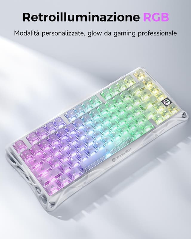 Detalle 2 de GravaStar Mercury K1 Lite 75% Tastiera Gaming Wireless Tri-Mode Crystal Aurora (Hot-Swap) con RGB