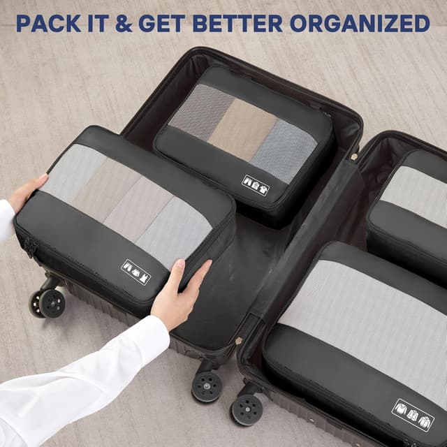 Detalle de MURISE Koffer Organizer 8-teilig: Packing Cubes & Taschen-Set für Urlaub und Reisen, Schwarz