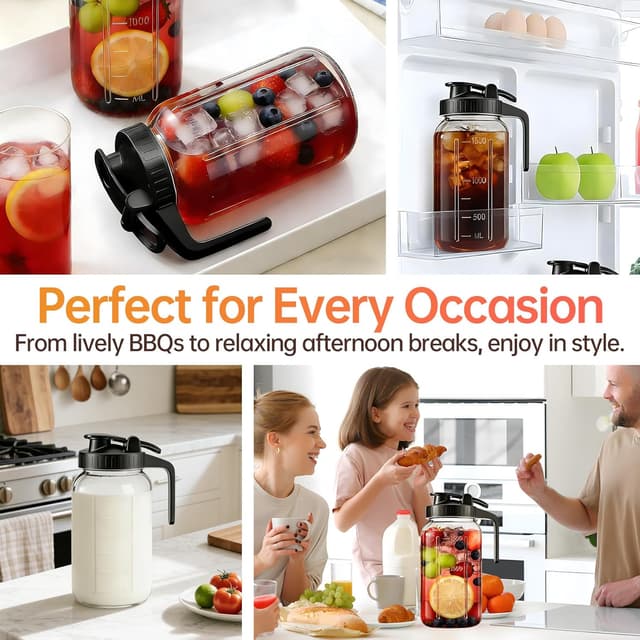 Detalle 1 de 64oz Glass Pitcher with Lid & Spout (2 Quart Mason Jars) – Airtight & Leakproof Breastmilk Pitcher