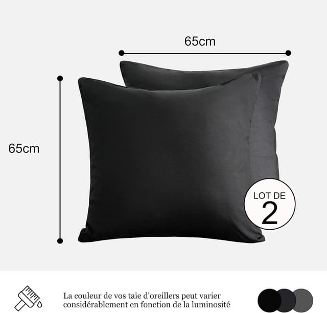 Detalle 2 de Lot de 2 taies d’oreiller AYSW 18 Couleurs en microfibre brossée 65x65 cm noir, fermeture éclair