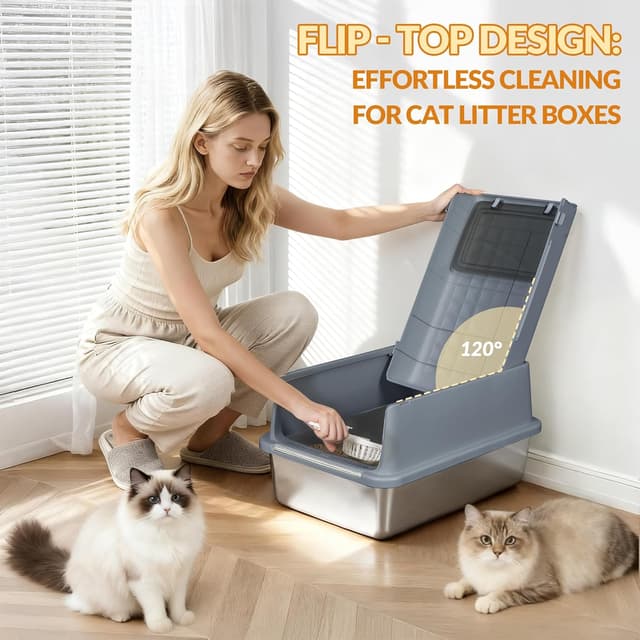 Detalle 2 de Fobyfurny Lettiera in acciaio inox XXL chiusa con coperchio incernierato (con paletta e pedana), confezione da 2