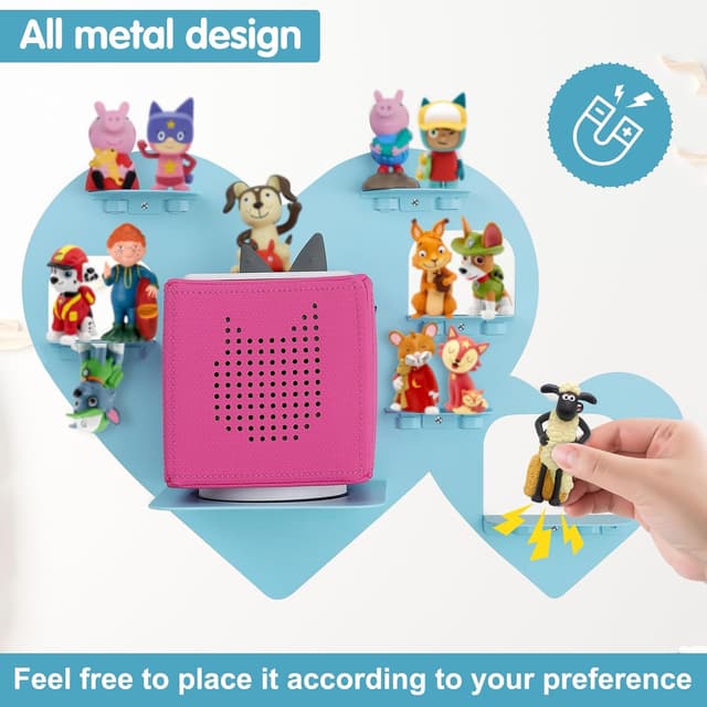 Detalle de Riuog Tonie Shelf for Toniebox & Tonie Dolls – Wall-Mounted Magnetic Metal Rack (Blue, Heart Design)