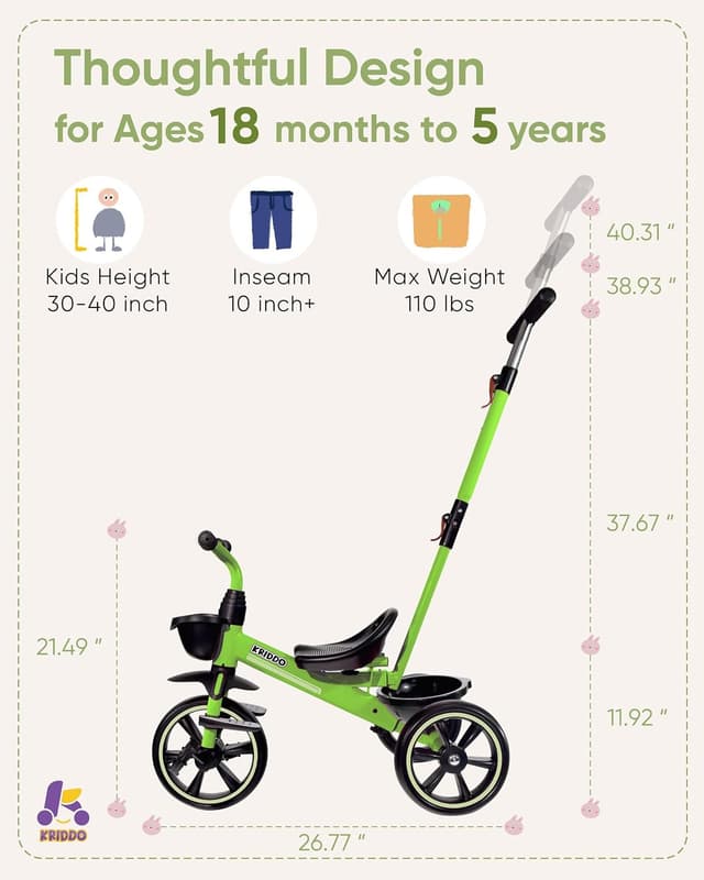 Detalle 2 de KRIDDO 2-in-1 Toddler Tricycle for 18 Months to 5 Years