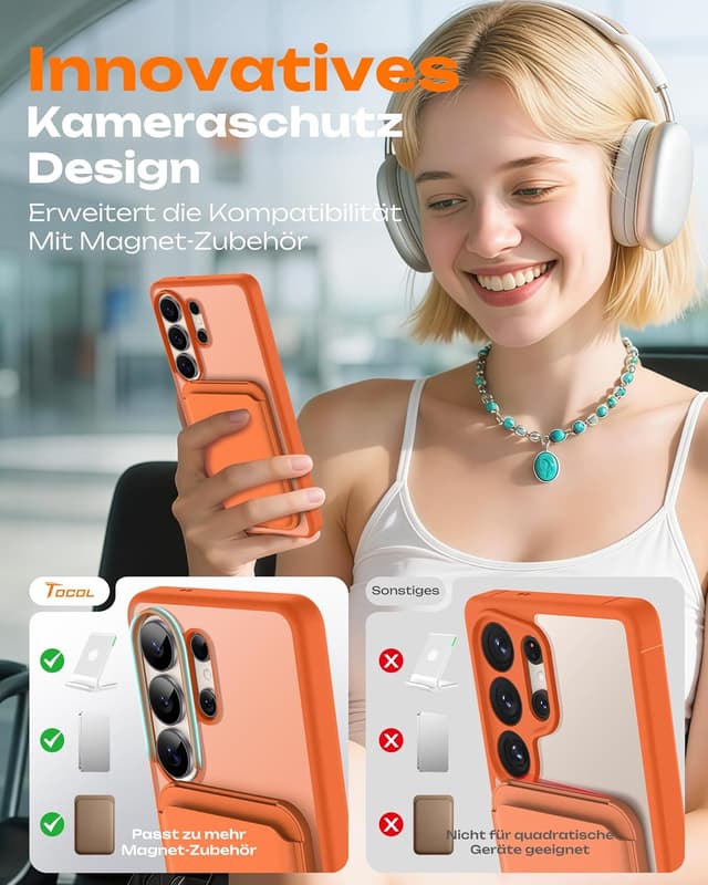 Detalle de TOCOL Hülle für Samsung Galaxy S26 Ultra (6,9 Zoll) mit integriertem Magnetring & Magsafe, stoßfest, kratzfest, matt-transluzent, Orange
