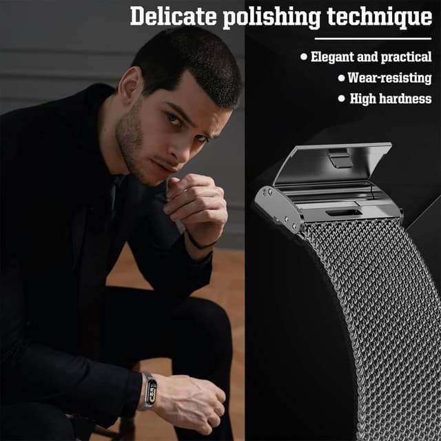 Detalle de LanQii Edelstahl Mesh Armband (Milanaise) für Xiaomi Smart Band 10/9/8 – Schwarz