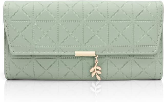 Detalle de Long Purse for Women PU Leather (B-Green) with 9 Card Slots and Zip Coin Pocket