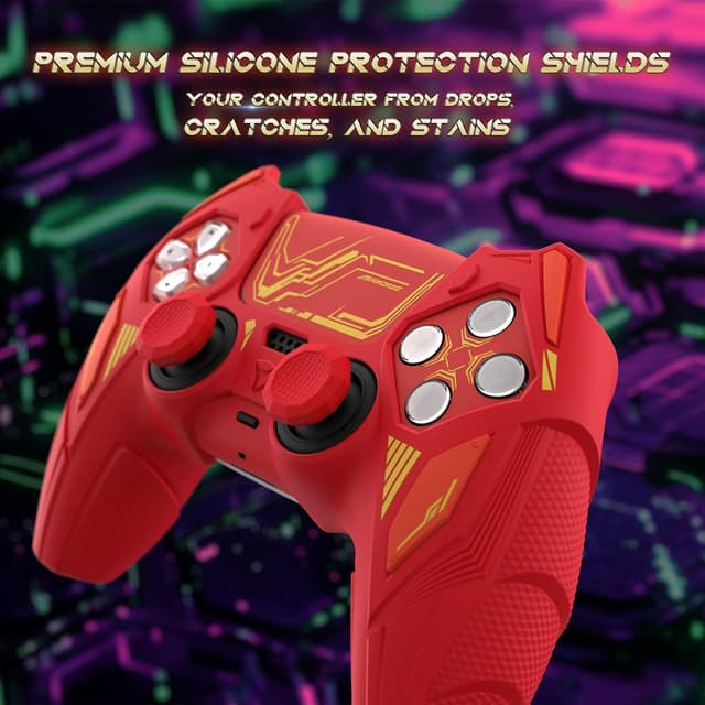 Detalle 2 de PlayVital Mecha Rhino silicone cover for PS5 controller (thumb grips & stickers) – anti-slip grip skin, Maple Red & Brick Red