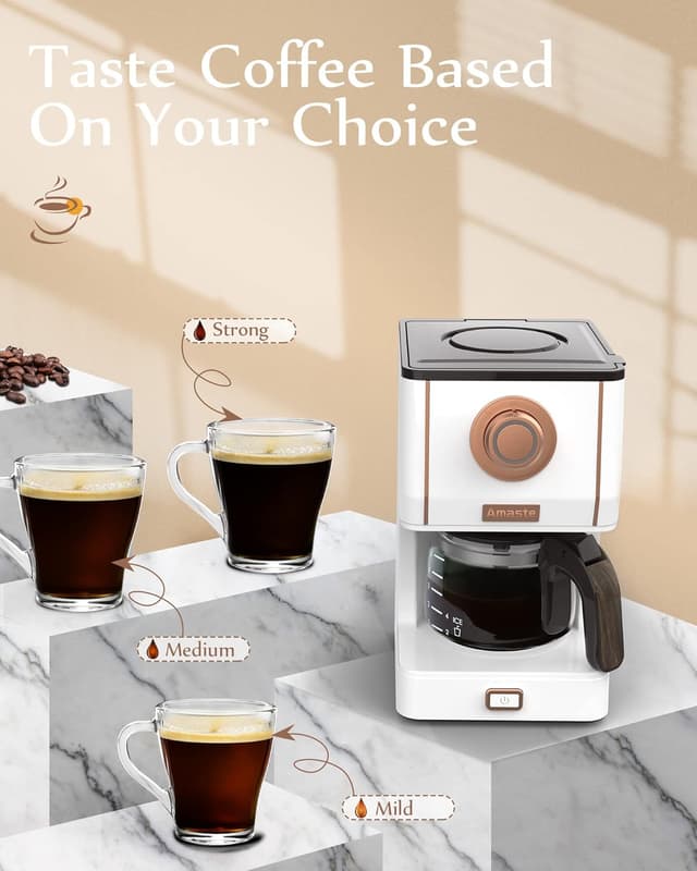 Detalle de Amaste Retro Style Coffee Machine with 25 Oz Glass Carafe, Reusable Filter & 3 Brewing Modes (White with Rose Gold)