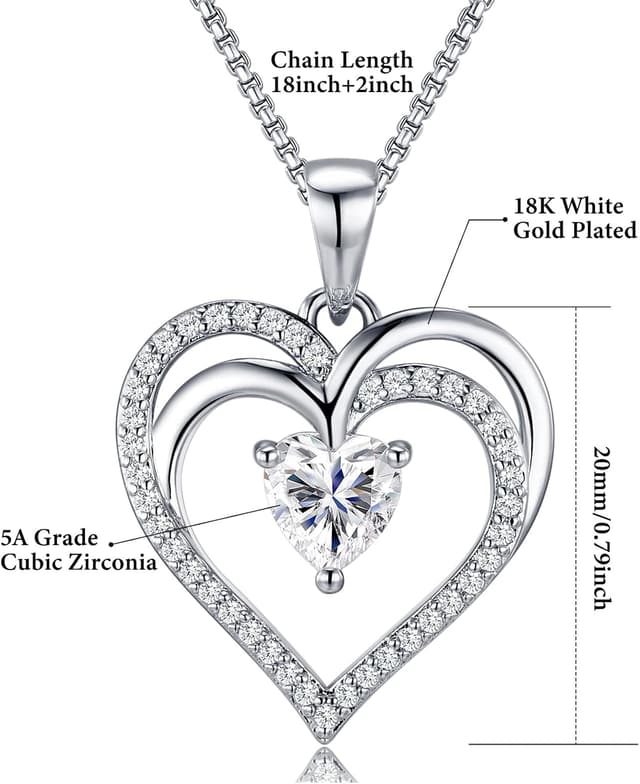 Detalle de Lyniuoy 18K White Gold Plated Heart Necklaces with Cubic Zirconia Pendant – Romantic gift jewellery for women