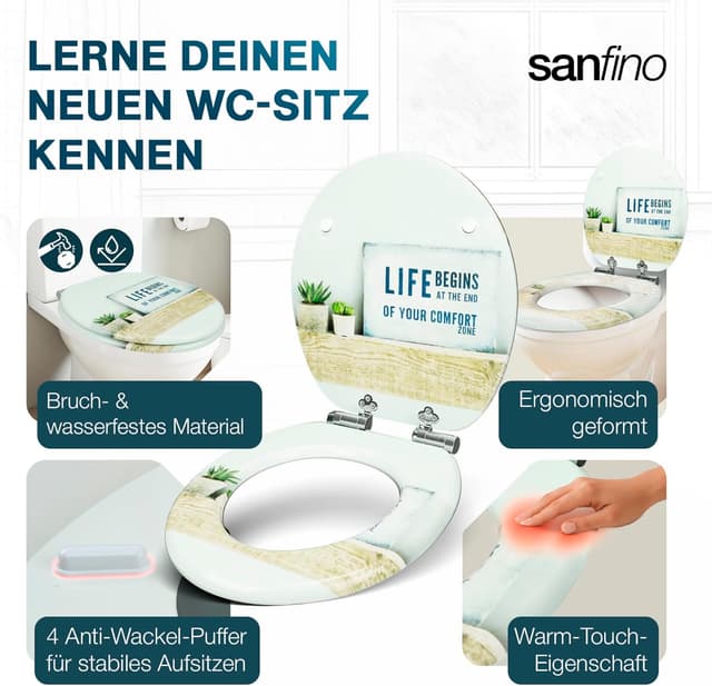 Detalle de SANFINO Premium WC Sitz mit Absenkautomatik „Life“ – Toilettendeckel aus Holz, einfache Montage