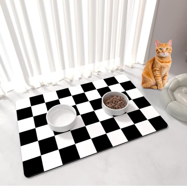 Detalle de BLESWIN Dog Food Mat (51 x 30.5cm) – Checkered non-slip placemat for messy drinkers