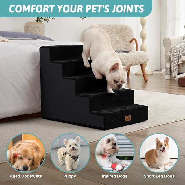 Detalle de COZY KISS wide dog stairs with 5 tiers (75x50x60cm) in black – non-slip pet steps for bed, sofa and car