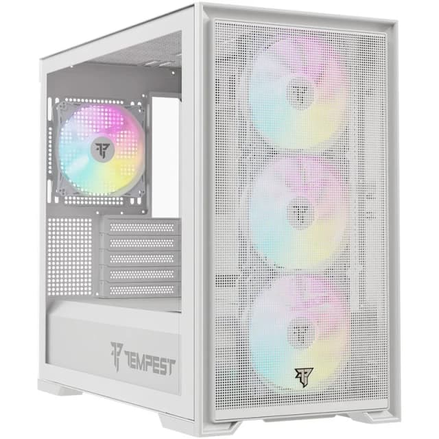 Detalle de Tempest Stronghold ARGB caja M-ATX blanca con cristal